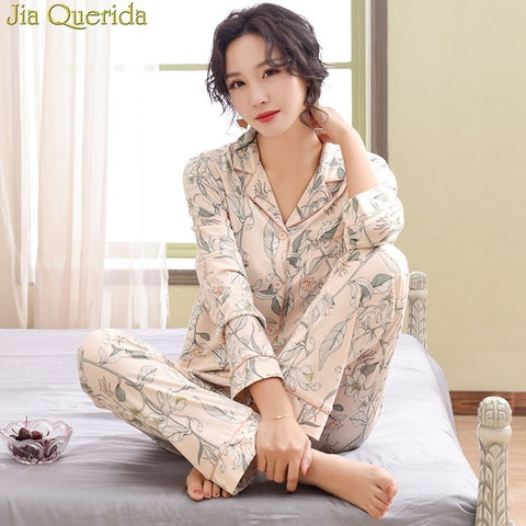 Pajamas For Women 2019 New 100% Pure Cotton Women Home Suit XXXL Grey Floral Lapel Cardigan Top+Long Bottoms 2 Pcs Women Pajamas