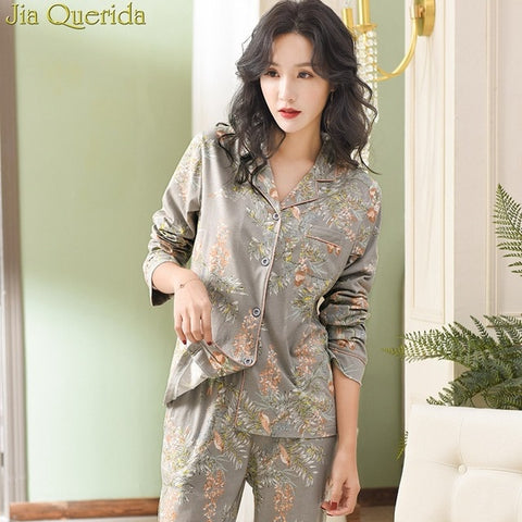 Pajamas For Women 2019 New 100% Pure Cotton Women Home Suit XXXL Grey Floral Lapel Cardigan Top+Long Bottoms 2 Pcs Women Pajamas