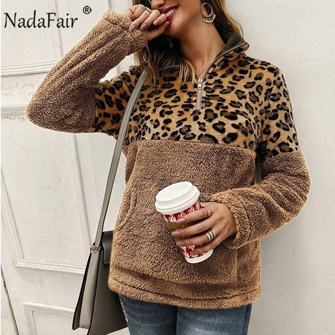 Nadafair Leopard Patchwork Plus Size Fluffy Sweatshirt Women Zip Fleece Casual Oversized Hoodie Winter Pullover Hoody Ladies