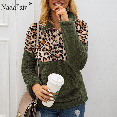 Nadafair Leopard Patchwork Plus Size Fluffy Sweatshirt Women Zip Fleece Casual Oversized Hoodie Winter Pullover Hoody Ladies