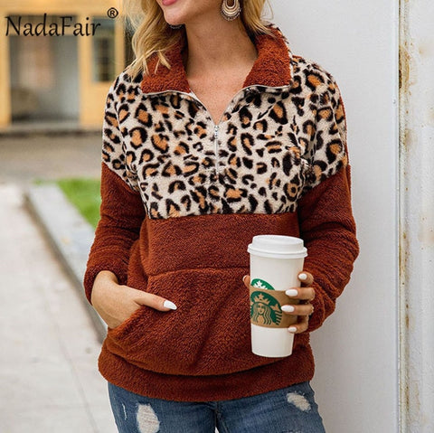 Nadafair Leopard Patchwork Plus Size Fluffy Sweatshirt Women Zip Fleece Casual Oversized Hoodie Winter Pullover Hoody Ladies