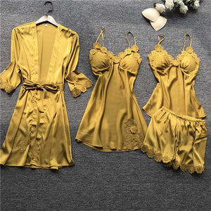 Satin Silk Women Pajamas Set 4 Pieces Lace Pajamas Sexy SleepwearCasual Home Service Autumn Nightwear V-neck Pyjamas Home Suit