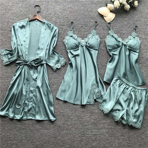 Satin Silk Women Pajamas Set 4 Pieces Lace Pajamas Sexy SleepwearCasual Home Service Autumn Nightwear V-neck Pyjamas Home Suit