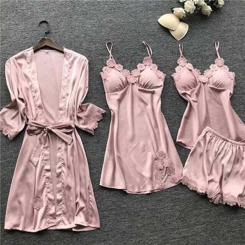 Satin Silk Women Pajamas Set 4 Pieces Lace Pajamas Sexy SleepwearCasual Home Service Autumn Nightwear V-neck Pyjamas Home Suit