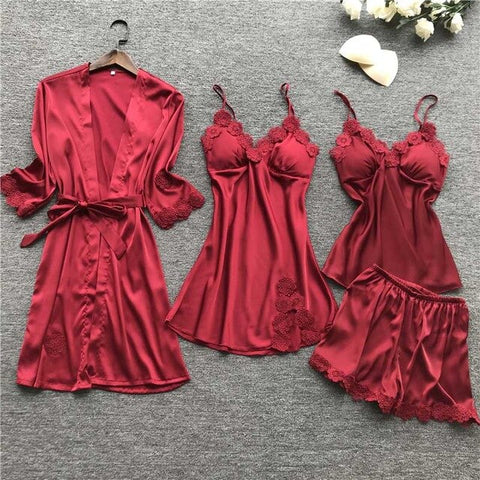 Satin Silk Women Pajamas Set 4 Pieces Lace Pajamas Sexy SleepwearCasual Home Service Autumn Nightwear V-neck Pyjamas Home Suit