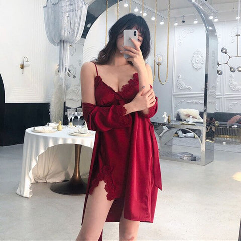 Satin Silk Women Pajamas Set 4 Pieces Lace Pajamas Sexy SleepwearCasual Home Service Autumn Nightwear V-neck Pyjamas Home Suit