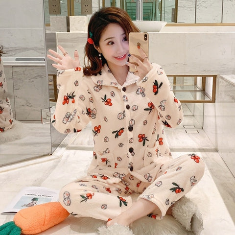 JULY'S SONG Winter Pajamas Set Women Sleepwear Warm Flannel Long Sleeves Pajamas Pink Cute  Animal Homewear Thick Home Suit