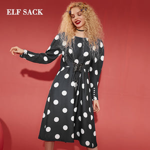 ELFSACK New Stylish Woman Dress Casual O-Neck Dot Full Dresses Women Knee-Length Straight Vintage Femme Vestido Female Dresses