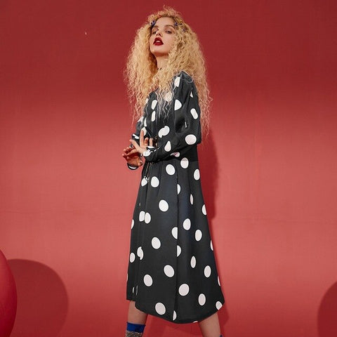 ELFSACK New Stylish Woman Dress Casual O-Neck Dot Full Dresses Women Knee-Length Straight Vintage Femme Vestido Female Dresses