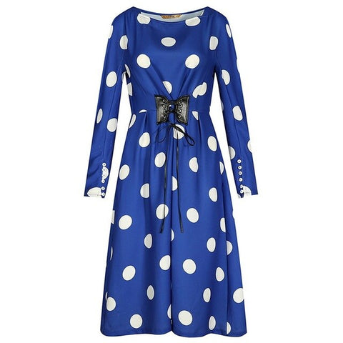 ELFSACK New Stylish Woman Dress Casual O-Neck Dot Full Dresses Women Knee-Length Straight Vintage Femme Vestido Female Dresses