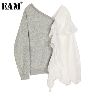 [EAM] Loose Fit Gray Ruffles Split Joint Sweatshirt New V-Neck Long Sleeve Women Big Size Fashion Tide Autumn Winter 2019 1D819