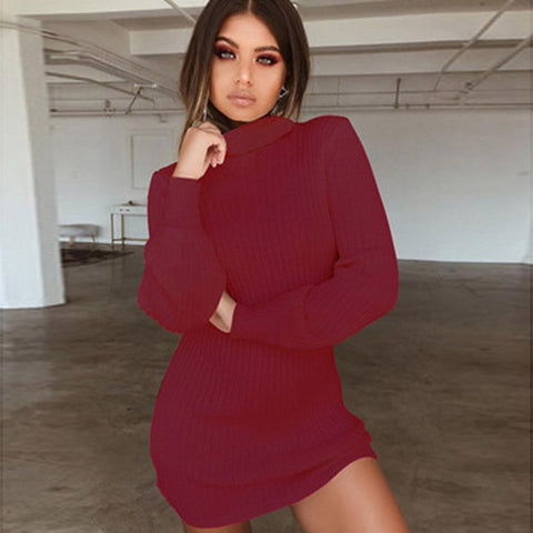 Sweater Mini Dress Autumn Winter Warm Knitted Dresses Women Elastic Turtleneck Long Sleeve Bodycon Dresses Vestidos Jumper