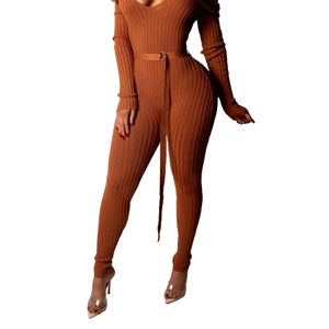 Adogirl Christmas Solid Off Shoulder Ribbed Jumpsuit with Belt Women Sexy V Neck Long Sleeve Romper Club Overall Knitting Jumper