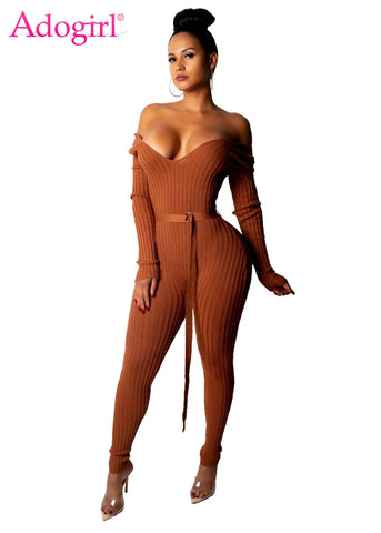 Adogirl Christmas Solid Off Shoulder Ribbed Jumpsuit with Belt Women Sexy V Neck Long Sleeve Romper Club Overall Knitting Jumper