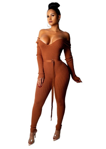 Adogirl Christmas Solid Off Shoulder Ribbed Jumpsuit with Belt Women Sexy V Neck Long Sleeve Romper Club Overall Knitting Jumper