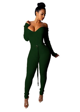 Adogirl Christmas Solid Off Shoulder Ribbed Jumpsuit with Belt Women Sexy V Neck Long Sleeve Romper Club Overall Knitting Jumper