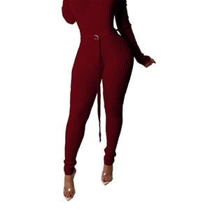 Adogirl Christmas Solid Off Shoulder Ribbed Jumpsuit with Belt Women Sexy V Neck Long Sleeve Romper Club Overall Knitting Jumper