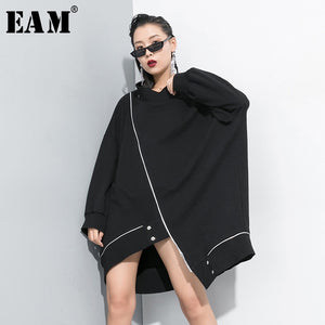 [EAM] Loose Fit Asymmetrical Big Size Sweatshirt New Stand Collar Long Sleeve Women Big Size Fashion Autumn Winter 2019 1D198