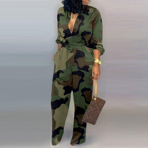 Lady Office Autumn button lace up Jumpsuit women sexy Deep V Neck Long Sleeves Overalls Elegant Leopard Camouflage Print Rompers