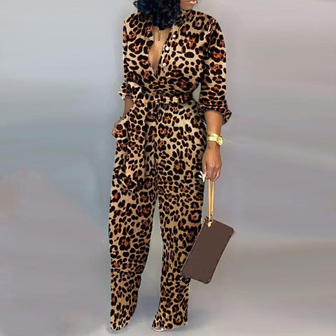 Lady Office Autumn button lace up Jumpsuit women sexy Deep V Neck Long Sleeves Overalls Elegant Leopard Camouflage Print Rompers