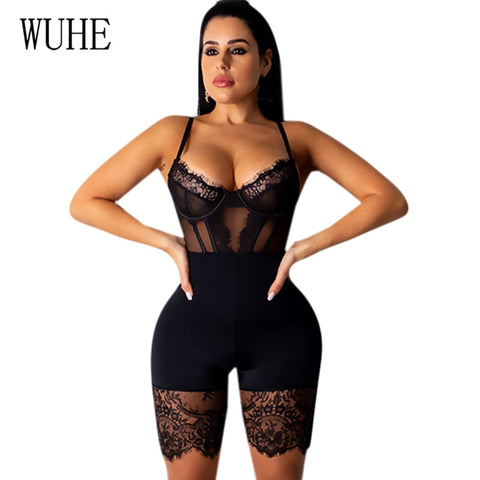 WUHE Lace Patchwork Sexy Spaghetti Strap Jumpsuits Women Off Shoulder Sleeveless Elegant Bodycon Bandage Party Short Playsuits