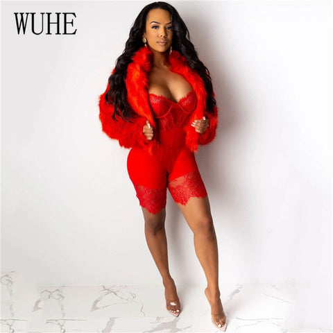 WUHE Lace Patchwork Sexy Spaghetti Strap Jumpsuits Women Off Shoulder Sleeveless Elegant Bodycon Bandage Party Short Playsuits