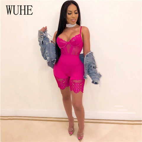 WUHE Lace Patchwork Sexy Spaghetti Strap Jumpsuits Women Off Shoulder Sleeveless Elegant Bodycon Bandage Party Short Playsuits