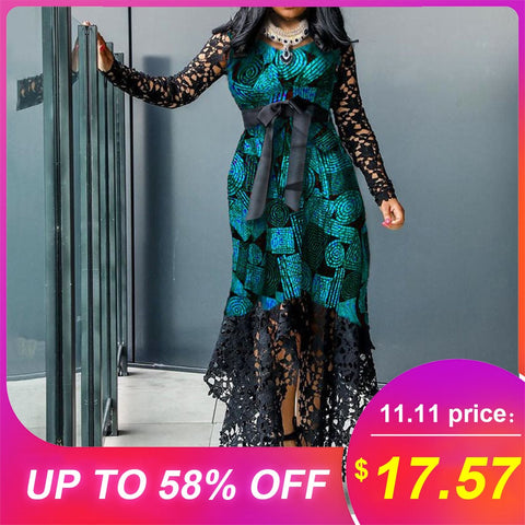 Lace Irregual Maxi Dress 2019 Green Elegant Women Dinner Party Dress Robe Long Sleeve Mesh Stitching Vestiods African Tunic