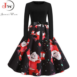 Fashion Women Long Sleeve Christmas Dress 2019 Autumn Winter Elegant Vintage Black Patchwork Print Party Dress Robe Plus Size