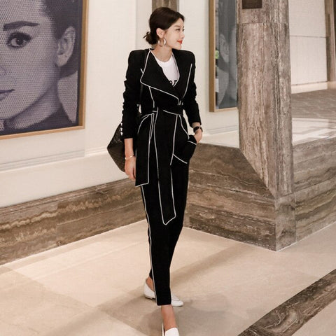 Fashion Contrast Color Lace Up Women Pant Suit Elegant Women Blazer Suits Slim Jacket & Pencil Pant Black Female Work Suits 2019