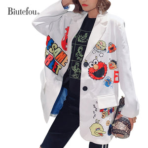 2019 Autumn fashion sequins Blazers women cartoon v-neck bf long jackets