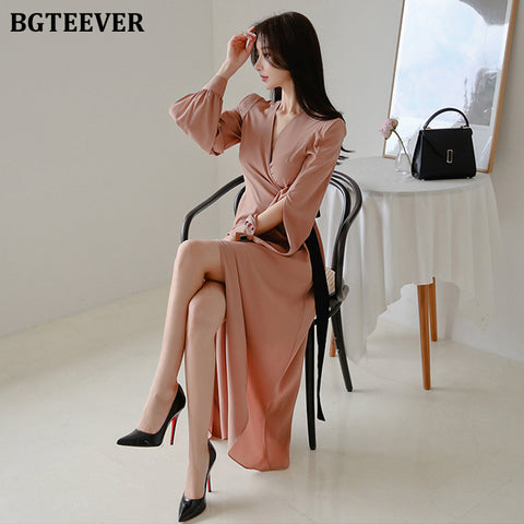 BGTEEEVR Elegant V-neck Lace Up Women Dress Lantern Sleeve Slim Waist Female Maxi Dress 2019 Autumn Winter Party Dress