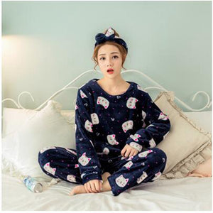 Autumn and Winter Women Pyjamas Sets Thick Warm Coral Velvet Suit Flannel Long Sleeve Female Cartoon Bear Animal Pants Sleepwear