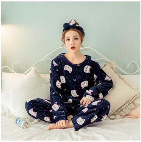 Autumn and Winter Women Pyjamas Sets Thick Warm Coral Velvet Suit Flannel Long Sleeve Female Cartoon Bear Animal Pants Sleepwear