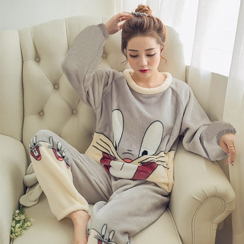 Autumn and Winter Women Pyjamas Sets Thick Warm Coral Velvet Suit Flannel Long Sleeve Female Cartoon Bear Animal Pants Sleepwear