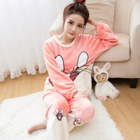 Autumn and Winter Women Pyjamas Sets Thick Warm Coral Velvet Suit Flannel Long Sleeve Female Cartoon Bear Animal Pants Sleepwear