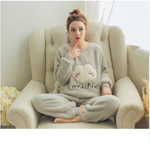 Autumn and Winter Women Pyjamas Sets Thick Warm Coral Velvet Suit Flannel Long Sleeve Female Cartoon Bear Animal Pants Sleepwear