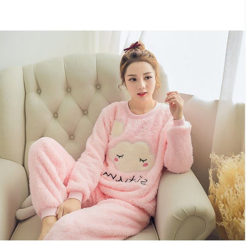 Autumn and Winter Women Pyjamas Sets Thick Warm Coral Velvet Suit Flannel Long Sleeve Female Cartoon Bear Animal Pants Sleepwear