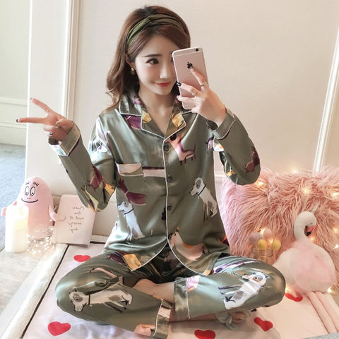 Autumn Winter 2018 WAVMIT New Women Pyjamas Silk Long Tops Set Female Pajamas Set NightSuit Sleepwear Sets Long Pant Women Night