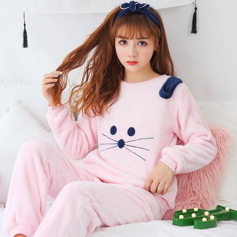 Autumn and Winter Women Pyjamas Sets Thick Warm Coral Velvet Suit Flannel Long Sleeve Female Cartoon Bear Animal Pants Sleepwear