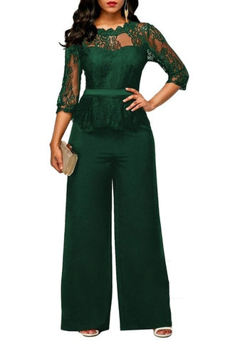 Lace Jumpsuits for women 2018 Autumn Sexy High Waist Palazzo 3/4 Sleeve One Piece Peplum Rompers with Long Wide Leg Pant