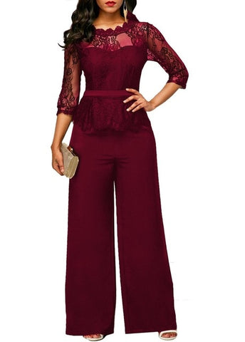 Lace Jumpsuits for women 2018 Autumn Sexy High Waist Palazzo 3/4 Sleeve One Piece Peplum Rompers with Long Wide Leg Pant