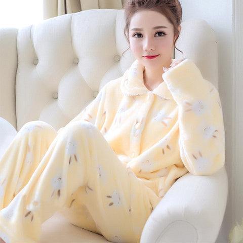 JULY'S SONG Winter Pajamas Set Women Sleepwear Warm Flannel Long Sleeves Pajamas Pink Cute  Animal Homewear Thick Home Suit