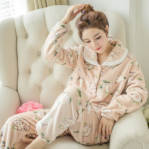 JULY'S SONG Winter Pajamas Set Women Sleepwear Warm Flannel Long Sleeves Pajamas Pink Cute  Animal Homewear Thick Home Suit