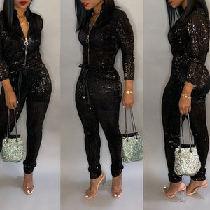 black/white Womens Sexy Fashion Long Sleeve Jumpsuit Romper With Belt party nightclub Clubwear sequin shining skinny overalls