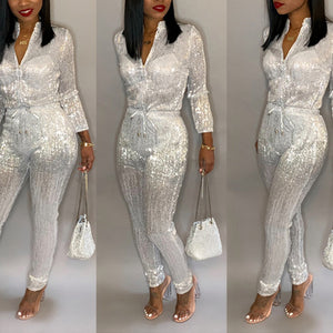 black/white Womens Sexy Fashion Long Sleeve Jumpsuit Romper With Belt party nightclub Clubwear sequin shining skinny overalls