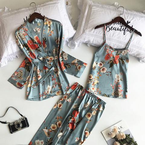 Lisacmvpnel 3 Pcs Printing Women Robe Sets  Spaghetti Strap+Cardigan+Pant Set Sexy Fashion Female High Quality Pajamas