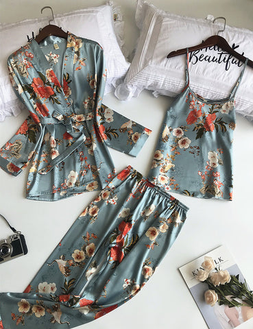 Lisacmvpnel 3 Pcs Printing Women Robe Sets  Spaghetti Strap+Cardigan+Pant Set Sexy Fashion Female High Quality Pajamas