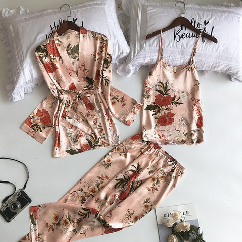 Lisacmvpnel 3 Pcs Printing Women Robe Sets  Spaghetti Strap+Cardigan+Pant Set Sexy Fashion Female High Quality Pajamas