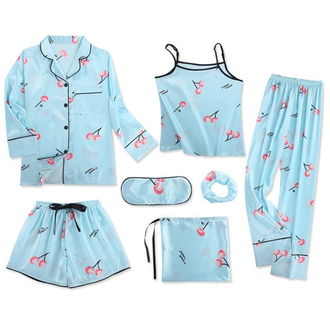 Sleepwear 7 Pieces Pyjama Set 2018 Women Autumn Winter Sexy Pajamas Sets Sleep Suits Soft Sweet Cute Nightwear Gift Home Clothes